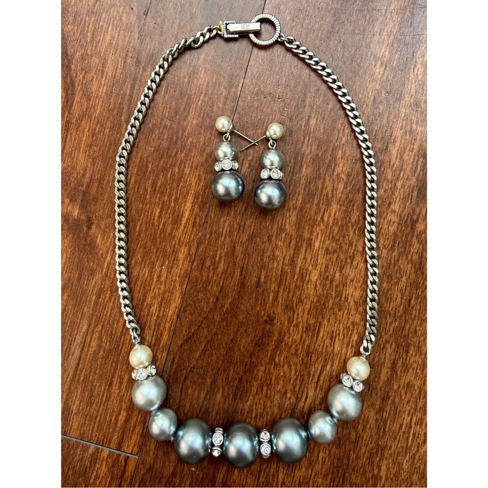Givenchy Vintage Pearl/Crystal Necklace & Earrings Set - Blue/Silver